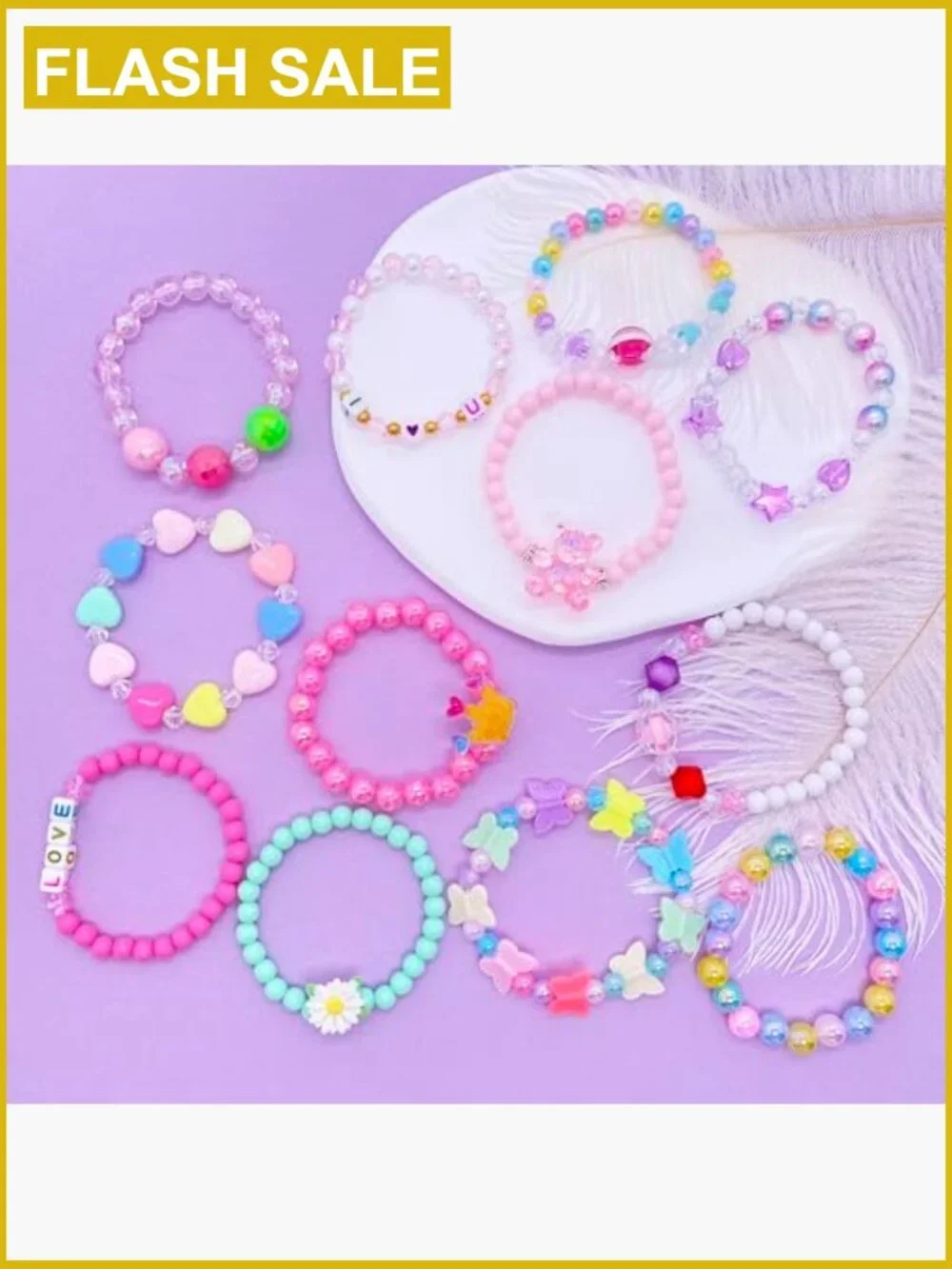 12 Kids Bracelets - Flower Butterfly Love Letter Beaded Jewelry Set
